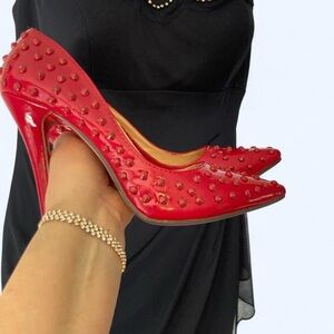 Red faux Patent leather high heels w red pearl embellishments, 38 JoJo Cat 7.5